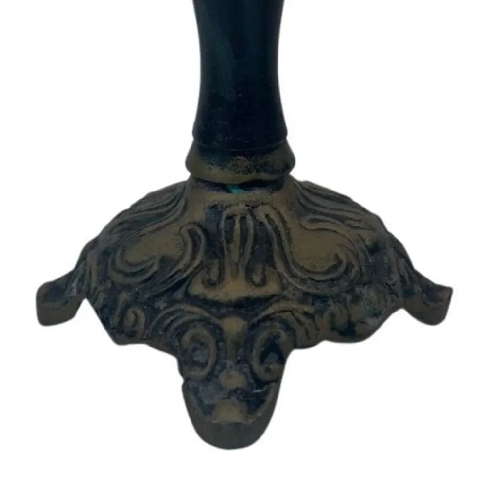 Vtg Made In India Pillar Candlestick Holder Green & Gray Footed Verdigris Trim
